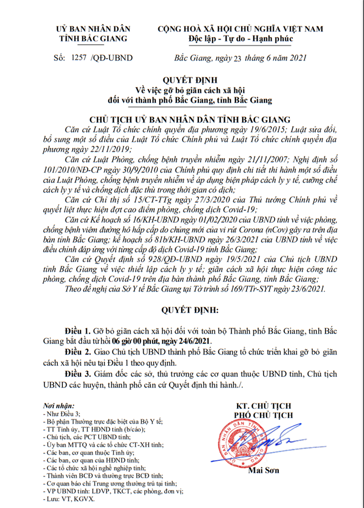 Bắc Giang: Gỡ bỏ giãn cách xã hội từ 6 giờ 00 phút ngày 24/6/2021